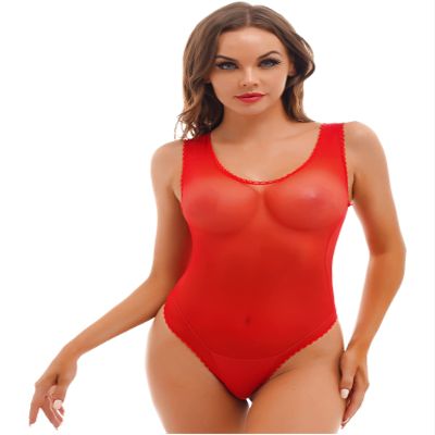 Lejafay Women's Sleeveless Mesh See Through Jumpsuit Stretchy Bodysuit Top Leotard One Piece Red A One Size