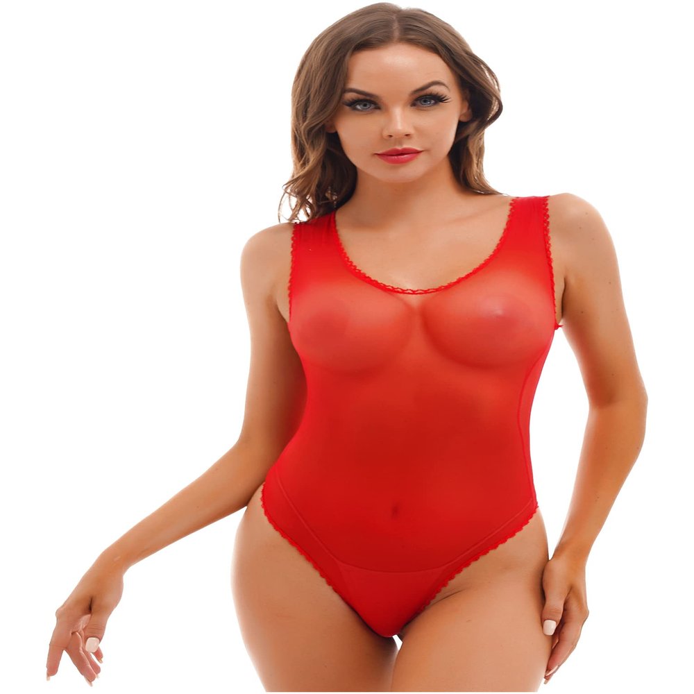 Lejafay Women's Sleeveless Mesh See Through Jumpsuit Stretchy Bodysuit Top Leotard One Piece Red A One Size