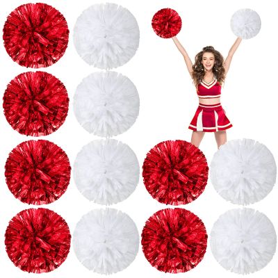 Deekin 12 Pcs Cheerleading Pom Poms Cheerleader Squad Spirited Fun Pompoms 12 Inch Metallic Foil Cheer Pom Poms with Handle Flowers for Sport Team Dance Costume Party 50g Weight Each(Red, White)