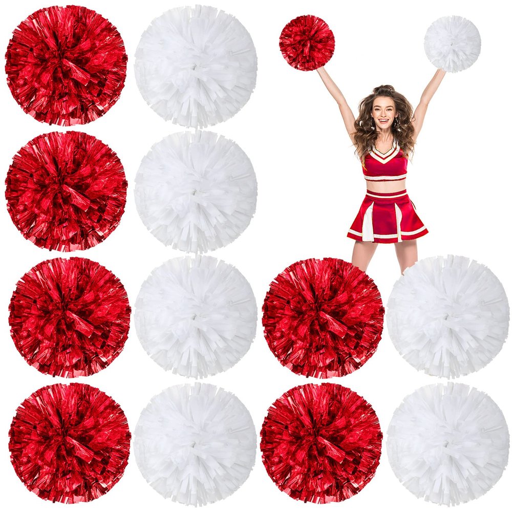 Deekin 12 Pcs Cheerleading Pom Poms Cheerleader Squad Spirited Fun Pompoms 12 Inch Metallic Foil Cheer Pom Poms with Handle Flowers for Sport Team Dance Costume Party 50g Weight Each(Red, White)