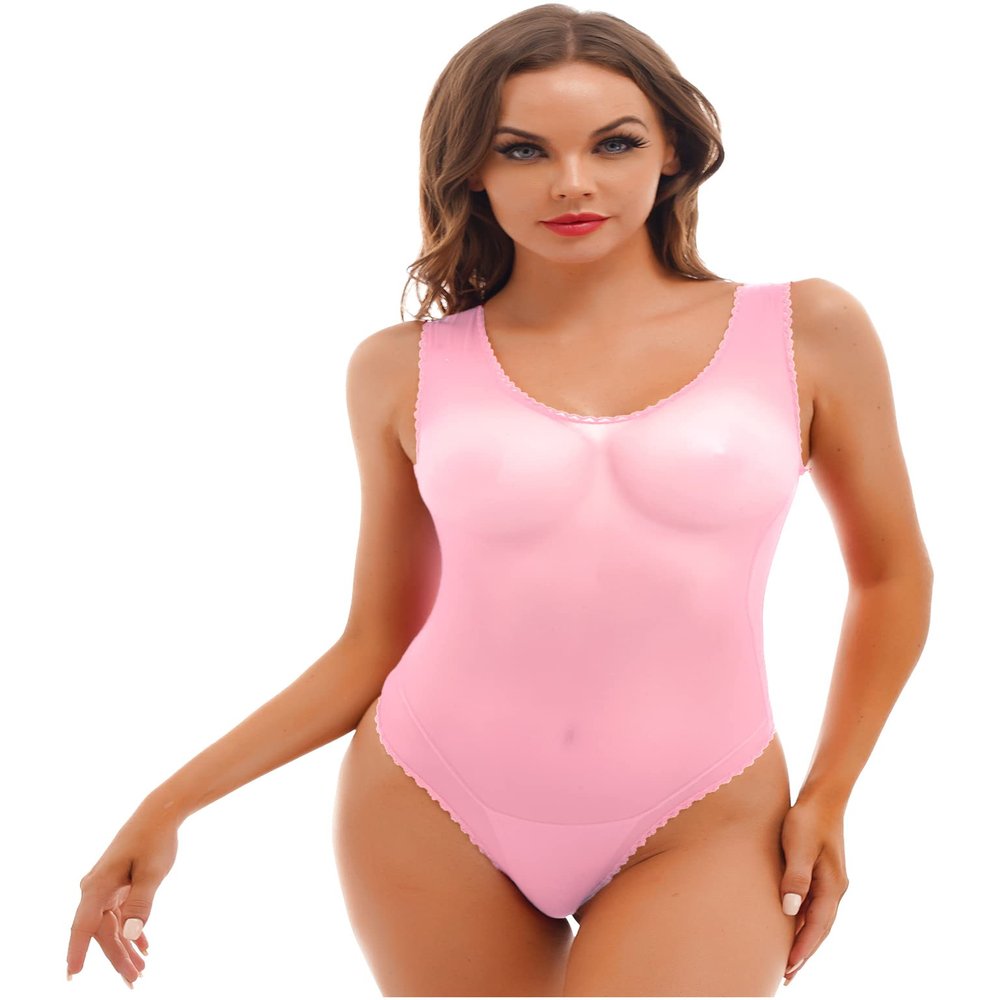 Lejafay Women's Sleeveless Mesh See Through Jumpsuit Stretchy Bodysuit Top Leotard One Piece Pink A One Size