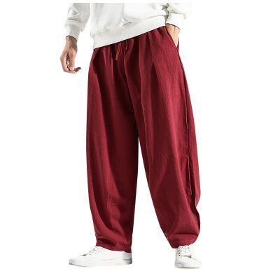 Cotton Linen Trousers for Men,Drawstring Baggy Style Yoga Pants Loose Fit Bottoms Lightweight Breathable Slacks,Sweatpants Work Pants Compression Pants Hiking Pant for Men(Red,Medium)