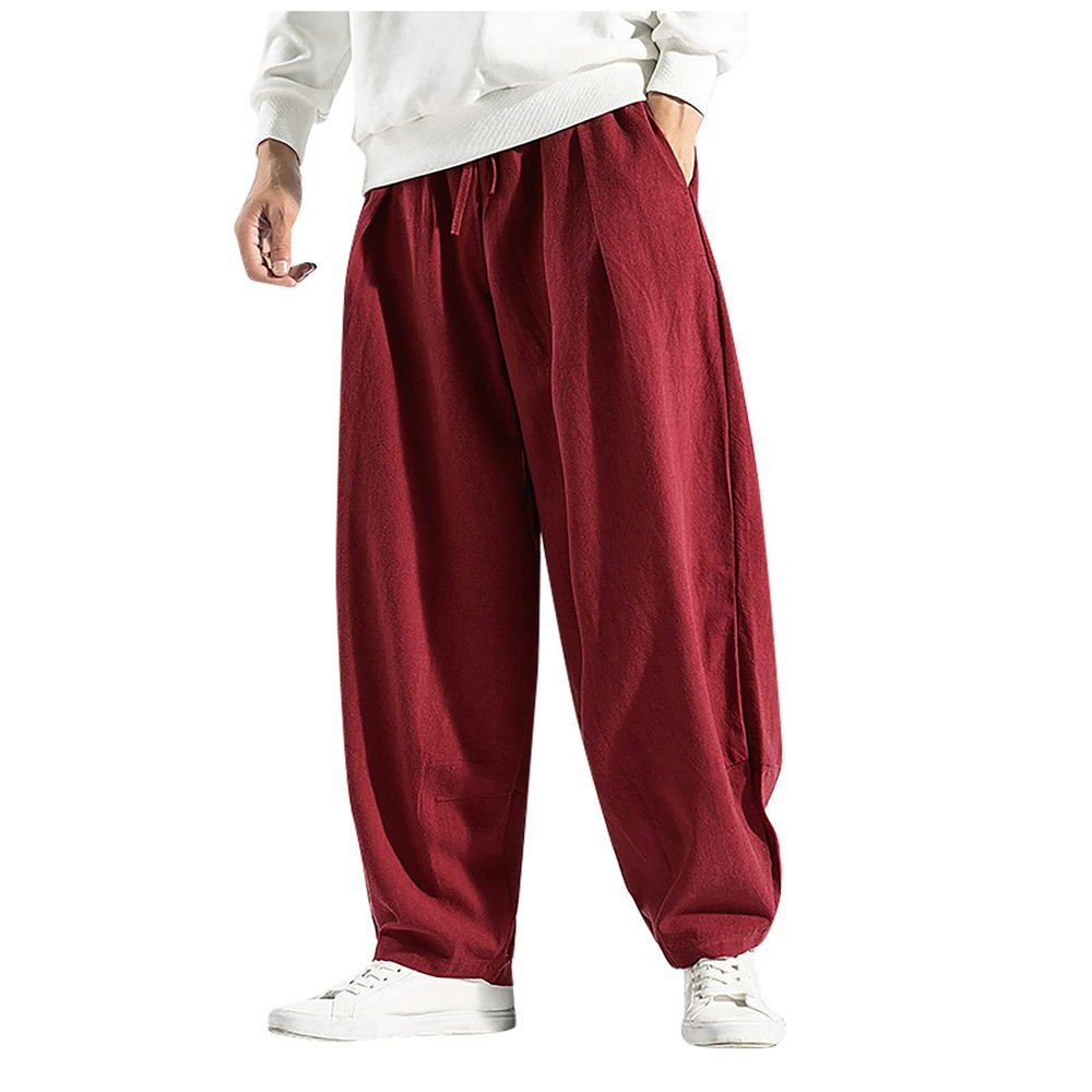Cotton Linen Trousers for Men,Drawstring Baggy Style Yoga Pants Loose Fit Bottoms Lightweight Breathable Slacks,Sweatpants Work Pants Compression Pants Hiking Pant for Men(Red,Medium)