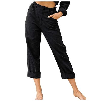tuduoms Women's Relax Fit Linen Cropped Pants High Elastic Waist Pockets Stretch Capris Summer Beach French Terry Capri Pants