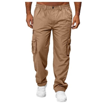 Mens Cargo Trousers,Elastic Waistband Straight Leg Pants Casual Midweight Slacks Basic Low Rise Bottoms for Men,Sweatpants Work Pants Compression Pants Hiking Pants Mens(A-Khaki,XX-Large)