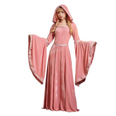 Women's Medieval Hooded Dresses Renaissance Velvet Robe Vintage Court Style Costume Long Sleeve Ball Queen Gown Pink