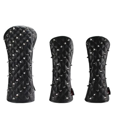 FUUBAMB00 3PCs/Set Golf Headcovers Utility Irons Skull Rivets Cover PU Leather Golf Head Covers Driver Fairway Hybrids Clubs Golf Head Protector,Black