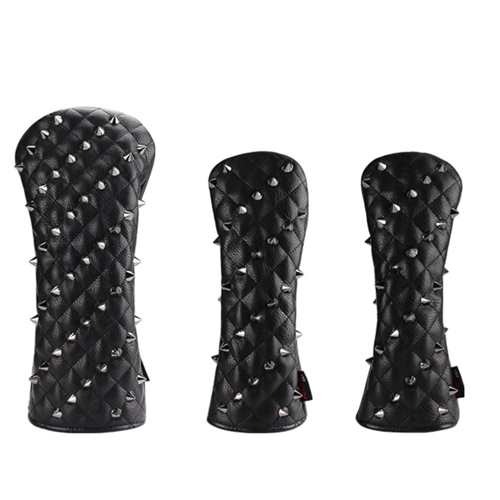 FUUBAMB00 3PCs/Set Golf Headcovers Utility Irons Skull Rivets Cover PU Leather Golf Head Covers Driver Fairway Hybrids Clubs Golf Head Protector,Black
