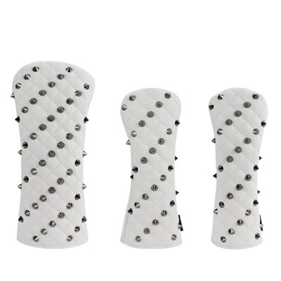 FUUBAMB00 3PCs/Set Golf Headcovers Utility Irons Skull Rivets Cover PU Leather Golf Head Covers Driver Fairway Hybrids Clubs Golf Head Protector,White
