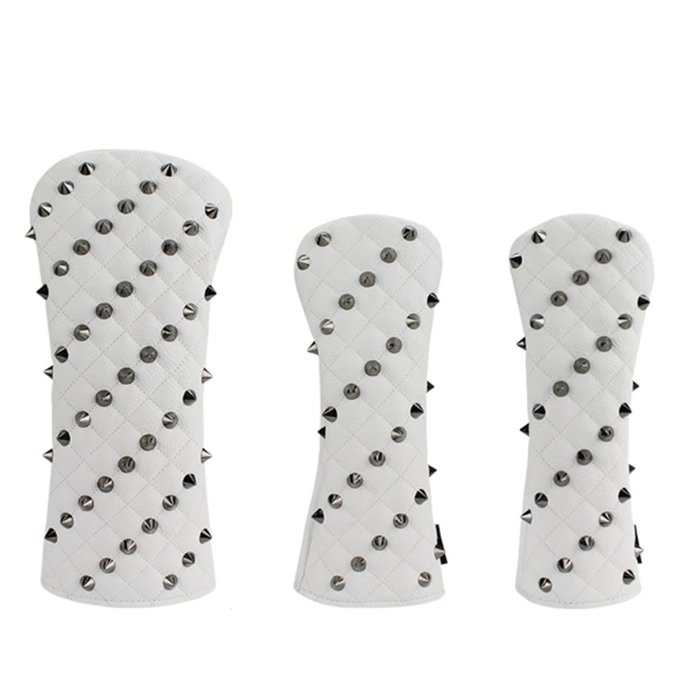 FUUBAMB00 3PCs/Set Golf Headcovers Utility Irons Skull Rivets Cover PU Leather Golf Head Covers Driver Fairway Hybrids Clubs Golf Head Protector,White