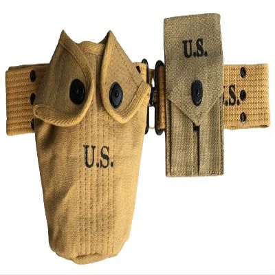WWII M1936 Webbing Canvas Pistol Belt with Colt Double Magazine Pouch and Canteen Water Bottle Cover Set