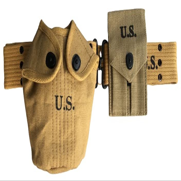 WWII M1936 Webbing Canvas Pistol Belt with Colt Double Magazine Pouch and Canteen Water Bottle Cover Set