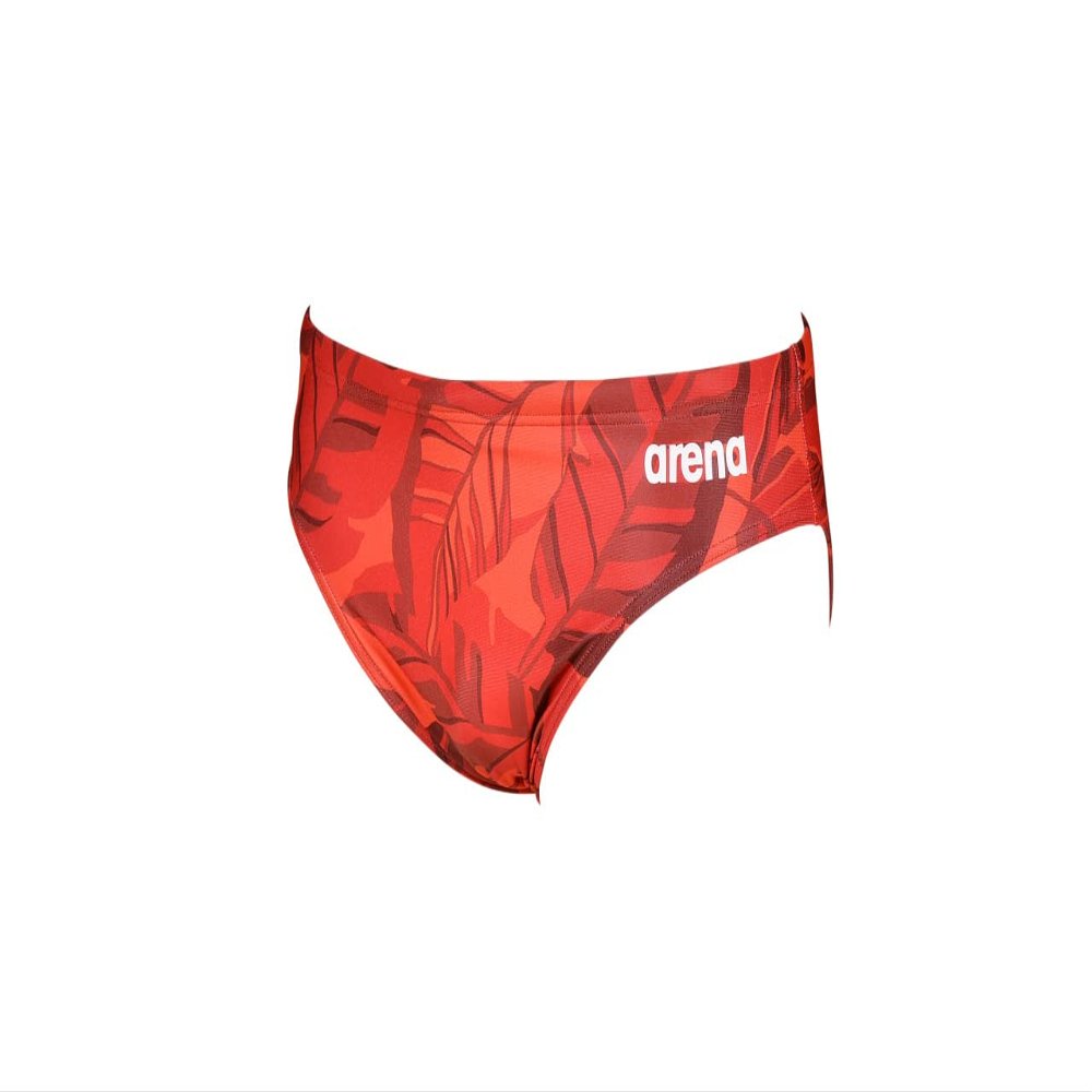 ARENA Mens Tropical Swim Brief Chlorine Resistant Quick Dry Training & Racing Suit for Competitive Swimmers, Red-Red Multi, Size 22