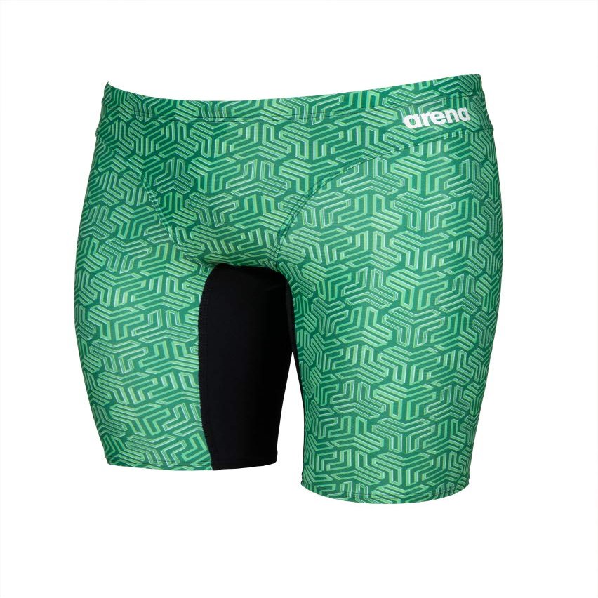 ARENA Kikko Men's Competitive Swim Training Bathing Suit for Men Chlorine Resistant UV Protection Low Drag Athletic Jammers,Black-Multi Green