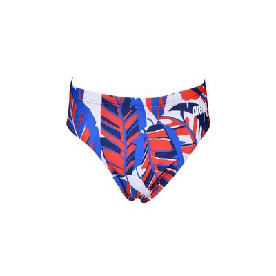 ARENA Mens Tropical Swim Brief Chlorine Resistant Quick Dry Training & Racing Suit for Competitive Swimmers, Navy-Red Multi, Size 22