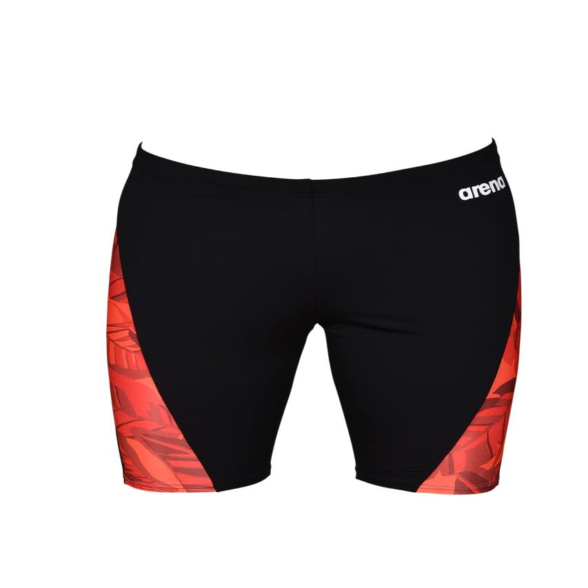ARENA Men's Racing Swimsuit Solid Swim Jammers Endurance Long Compression Shorts,Tropicals Swimwear, Black-Red Multi, 20
