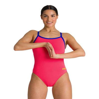 ARENA Women's Team MaxLife Swimsuit Solid Challenge Back One Piece Competition Training Bathing Suit Athletic Swimwear, Freak Rose/Neon Blue, US Size 20