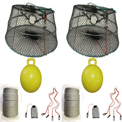 2-Pack of KUFA Sports Tower Style Prawn Trap(Stretched Mesh Size:1-3/4") with 400' Rope, Yellow Float, Bait Bag & Harness Combo (CT77+PBQ5+HA2) X2