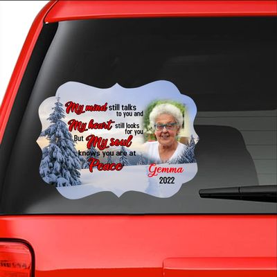 In Loving Memory Personalized Decal. Loss of Loved One Car Sticker Watercolor Memorial. In Memory Of Custom Portraits. Memory Sticker. Custom Photo Memorial. Custom {Name - Date} Custom Memory Sticker: My Mind Still Talks to You and My Heart Still Lo