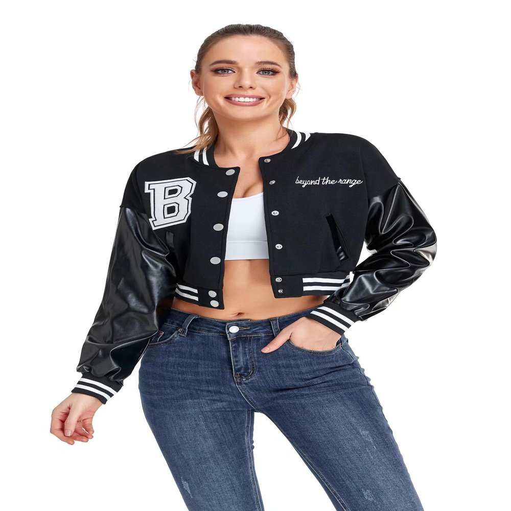 ACEFAST INC Womens Crop Varsity Jacket Letterman Baseball Jacket Bomber Vintage Y2k Streetwear Short Coat A Black