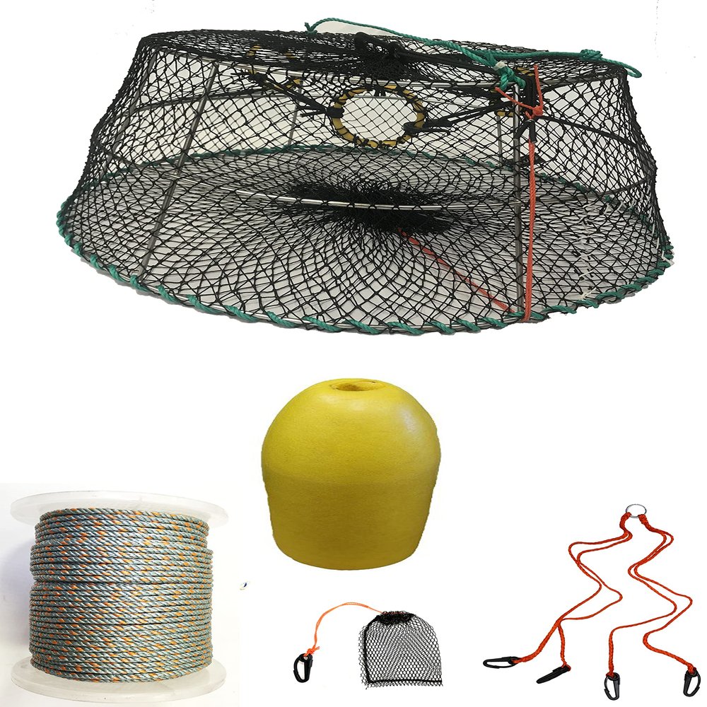 KUFA Sports Tower Style Prawn Trap(Stretched Mesh Size:1-1/8") with 400' Rope, Yellow Float, Bait Bag & Harness Combo (CT76+PBL1+HA2)