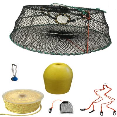 KUFA Sports Tower Style Prawn Trap(Stretched Mesh Size:1-1/8") with 400' Rope, Yellow Float, Bait Bag & Harness Combo (CT76+PBP1+HA2)