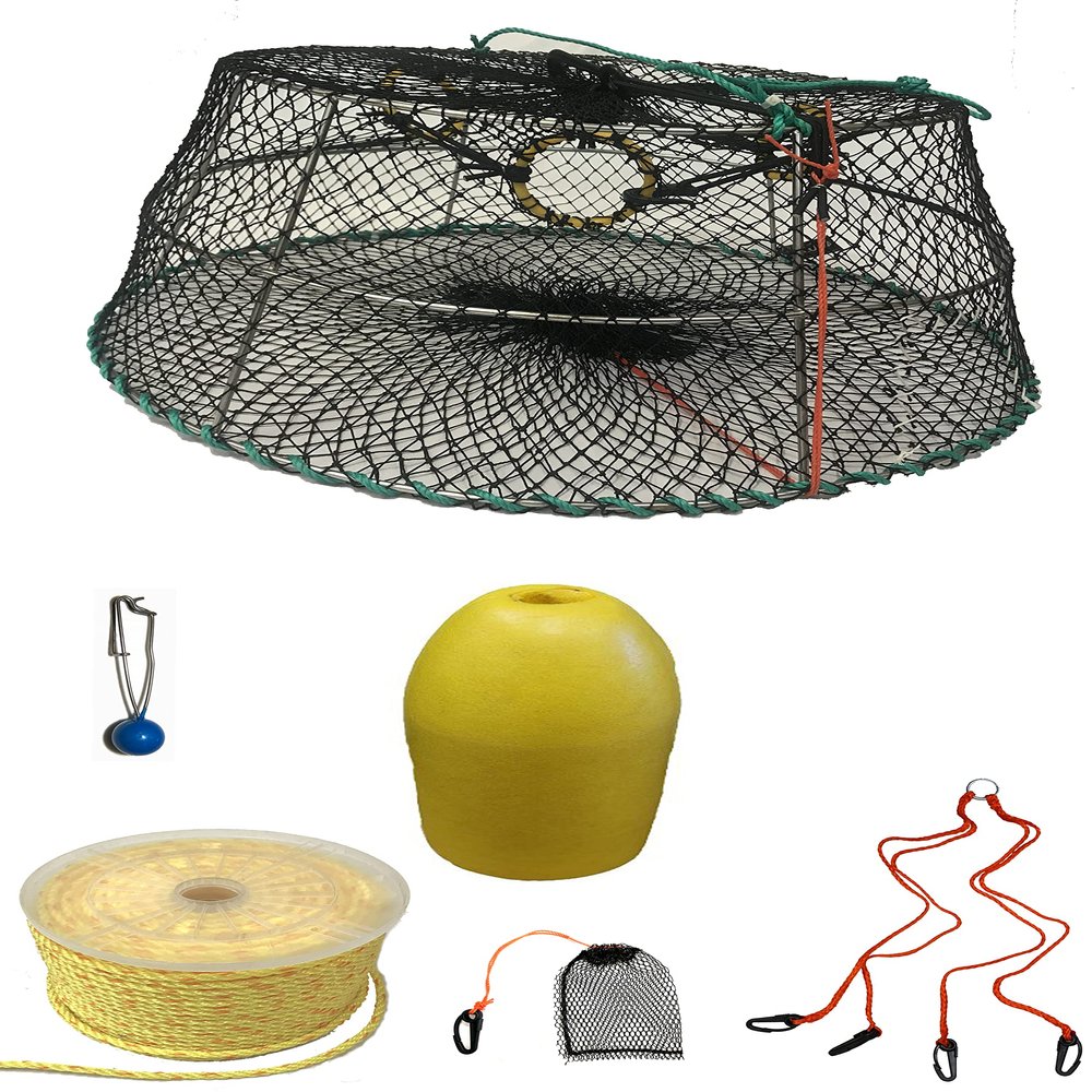 KUFA Sports Tower Style Prawn Trap(Stretched Mesh Size:1-1/8") with 400' Rope, Yellow Float, Bait Bag & Harness Combo (CT76+PBP1+HA2)