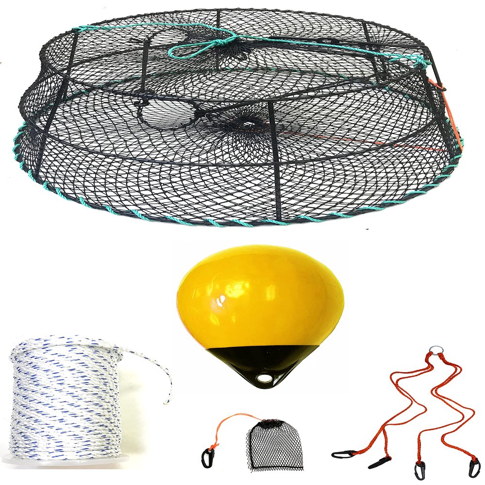 KUFA Sports Vinyl Coated Prawn Trap(Stretched Mesh Size:1-1/8") with 400' Rope, Yellow Float, Bait Bag & Harness Combo (CT78+PBM38Y+HA2)