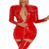 ACSUSS Womens Zipper Stand Collar Patent Leather Dress Wet Look Long Sleeve Bodycon Dresses Clubwear Red 3X-Large view 3