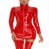 ACSUSS Womens Zipper Stand Collar Patent Leather Dress Wet Look Long Sleeve Bodycon Dresses Clubwear Red 3X-Large view 4