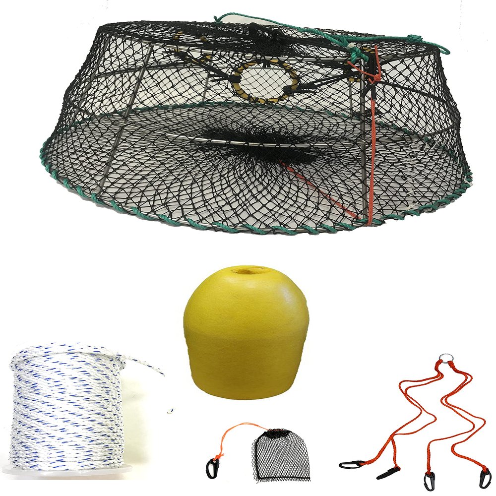 KUFA Sports Tower Style Stainless Steel Frame Prawn Trap(Stretched Mesh Size:1-1/8") with 400' Rope, Yellow Float, Bait Bag & Harness Combo (CT76+PBM3+HA2)