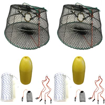 2-Pack of KUFA Sports Tower Style Prawn Trap(Stretched Mesh Size:1-3/4") with 400' Rope, Yellow Float, Bait Bag & Harness Combo (CT77+PBM3+HA2) X2