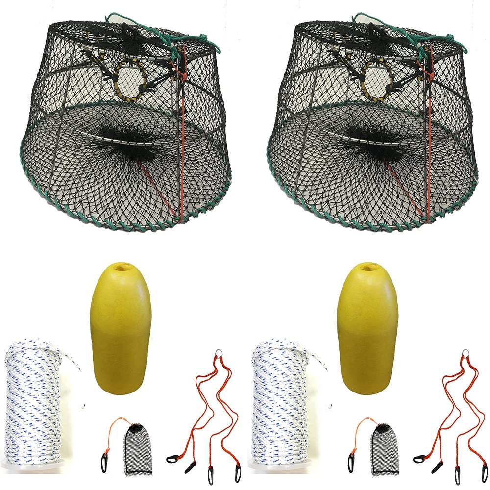 2-Pack of KUFA Sports Tower Style Prawn Trap(Stretched Mesh Size:1-3/4") with 400' Rope, Yellow Float, Bait Bag & Harness Combo (CT77+PBM3+HA2) X2