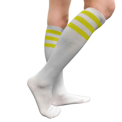 COUVER Women Cotton Tube 3 Stripes Activewear Knee-High Socks, Women Shoe Size 5-9, 1 Pair, White/Bright Yellow