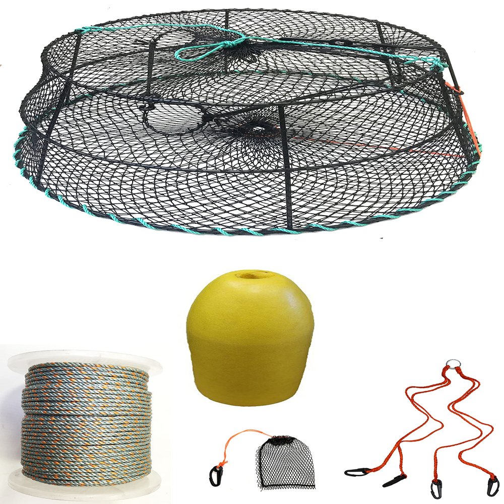 KUFA Sports Vinyl Coated Prawn Trap(Stretched Mesh Size:1-1/8") with 400' Rope, Yellow Float, Bait Bag & Harness Combo (CT78+PBL3+HA2)