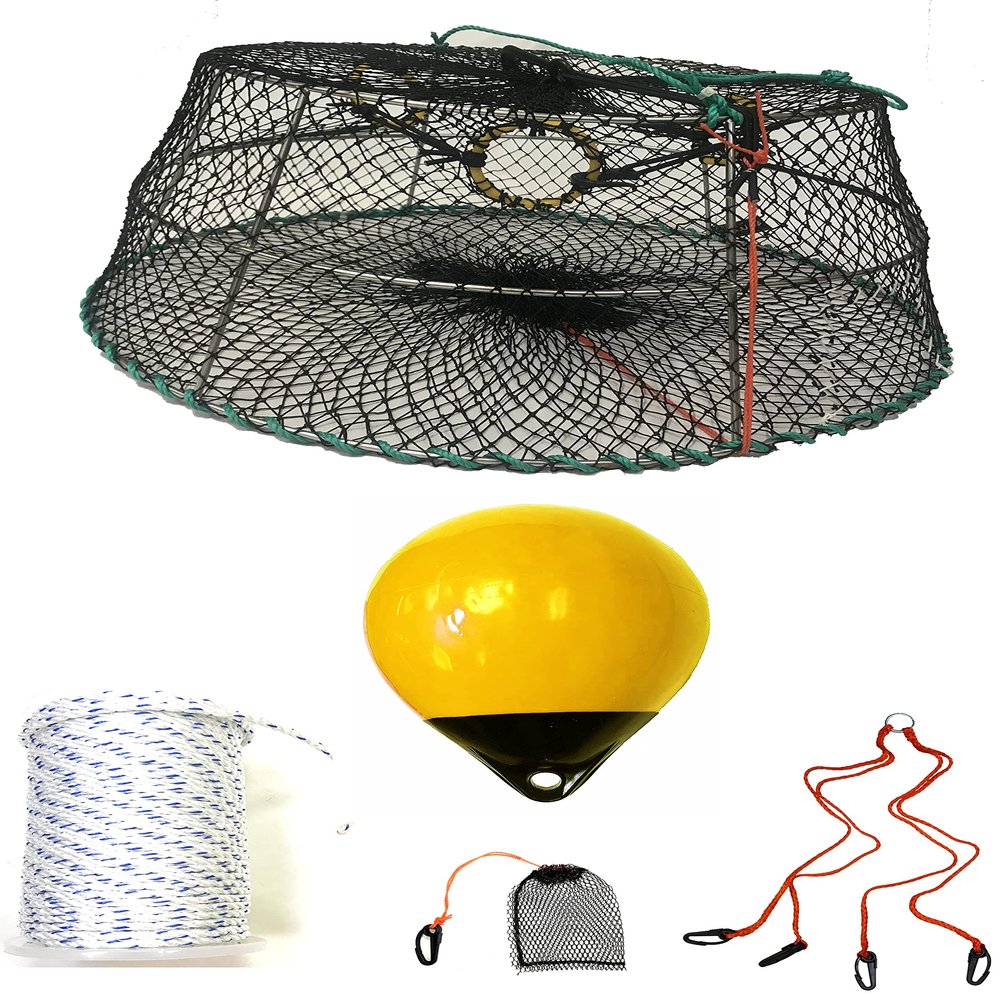 KUFA Sports Tower Style Stainless Steel Frame Prawn Trap(Stretched Mesh Size:1-1/8") with 400' Rope, Yellow Float, Bait Bag & Harness Combo (CT76+PBM30Y+HA2)
