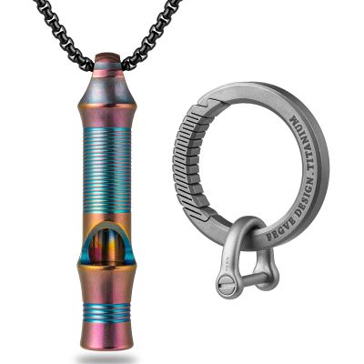 TISUR Titanium Emergency Keychain Necklace Whistle Titanium Round Carabiner Clip