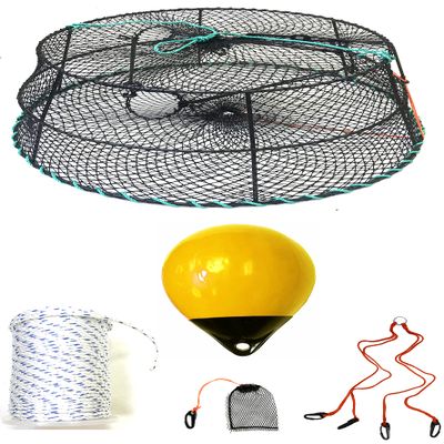 KUFA Sports Vinyl Coated Prawn Trap(Stretched Mesh Size:1-1/8") with 400' Rope, Yellow Float, Bait Bag & Harness Combo (CT78+PBM30Y+HA2)