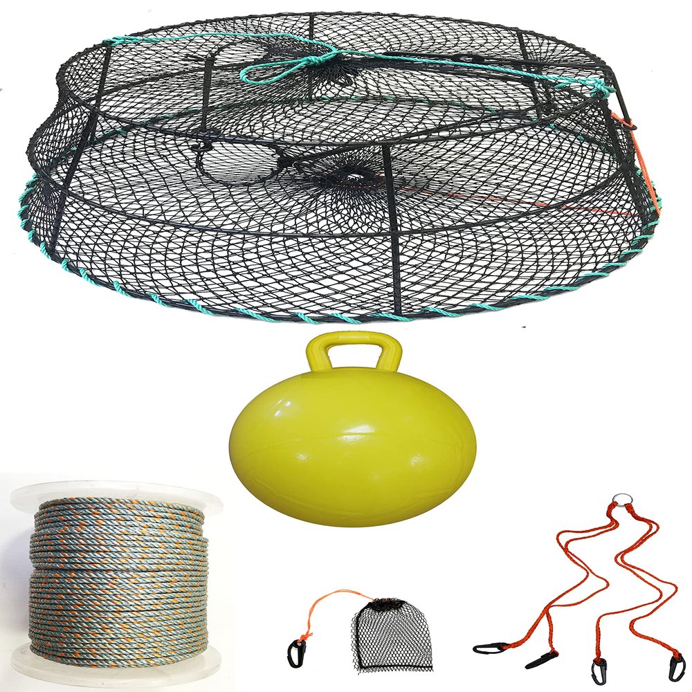 KUFA Sports Vinyl Coated Prawn Trap(Stretched Mesh Size:1-1/8") with 400' Rope, Yellow Float, Bait Bag & Harness Combo (CT78+PBL5+HA2)