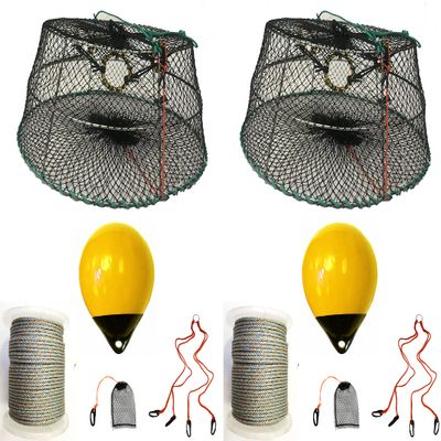 2-Pack of KUFA Sports Tower Style Prawn Trap(Stretched Mesh Size:1-3/4") with 400' Rope, Yellow Float, Bait Bag & Harness Combo (CT77+PBL38Y+HA2) X2