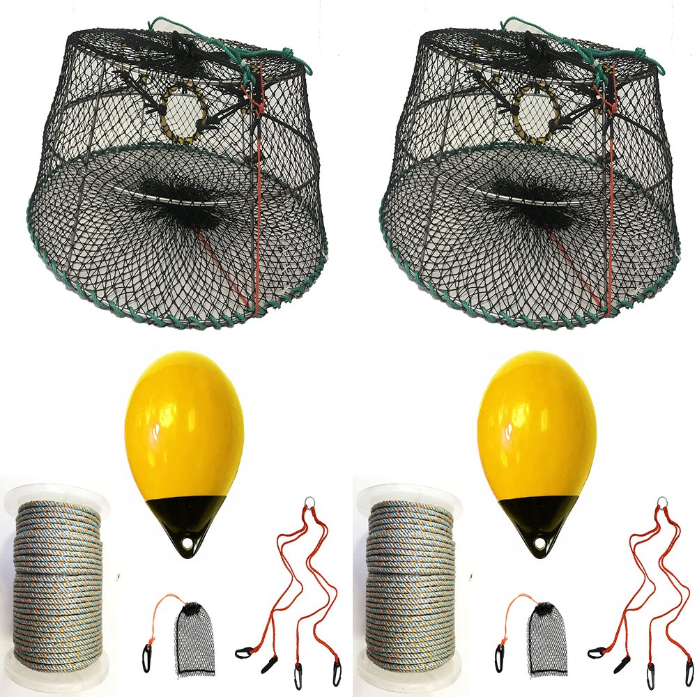 2-Pack of KUFA Sports Tower Style Prawn Trap(Stretched Mesh Size:1-3/4") with 400' Rope, Yellow Float, Bait Bag & Harness Combo (CT77+PBL38Y+HA2) X2