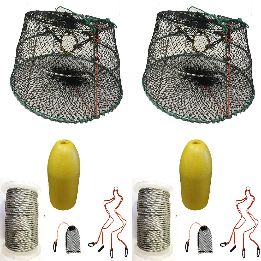 2-Pack of KUFA Sports Tower Style Prawn Trap(Stretched Mesh Size:1-3/4") with 400' Rope, Yellow Float, Bait Bag & Harness Combo (CT77+PBQ1+HA2) X2