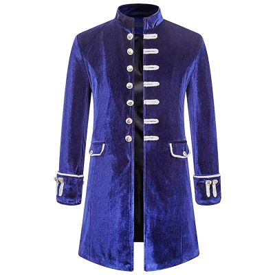 tuduoms Men Velvet Medieval Costumes Steampunk Vintage Tailcoat Jacket Halloween Cosplay Pirate Captain Coat Long Trench Coat Blue