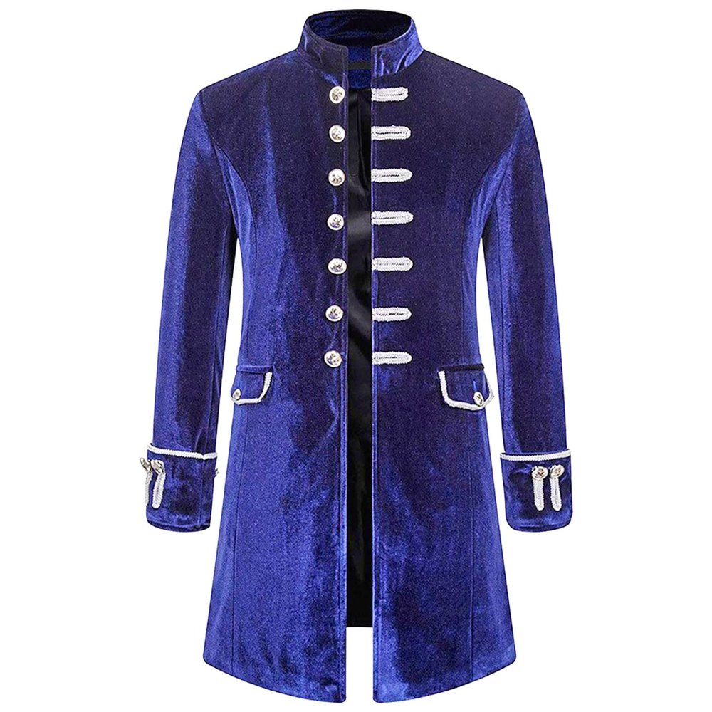 tuduoms Men Velvet Medieval Costumes Steampunk Vintage Tailcoat Jacket Halloween Cosplay Pirate Captain Coat Long Trench Coat Blue