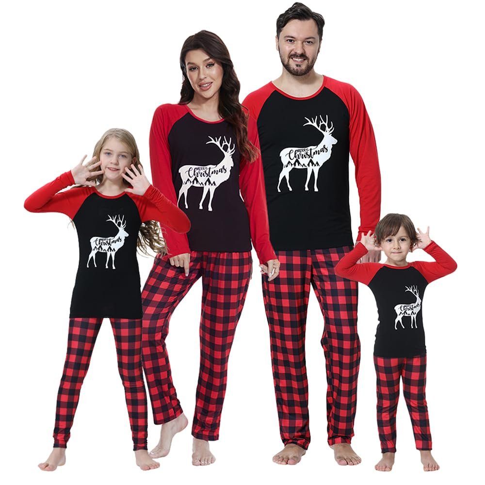 YIJIU Matching Family Christmas Pajama Set Xmas Sleepwear Long Sleeve Tee and Plaid Pants Pjs Loungewear,Elk Reindeer,Men-M