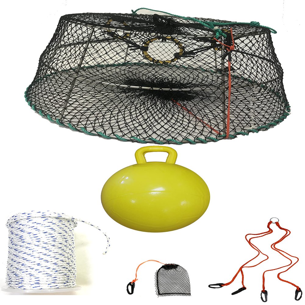 KUFA Sports Tower Style Stainless Steel Frame Prawn Trap (Stretched Mesh Size:1-1/8") with 400' Rope, Yellow Float, Bait Bag & Harness Combo (CT76+PBM5+HA2)