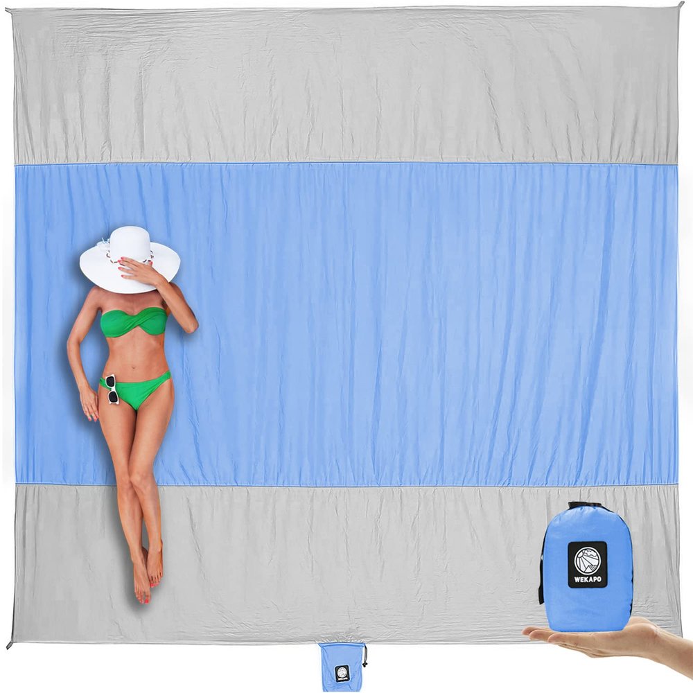 WEKAPO Beach Blanket - Sandproof Waterproof Extra Large Beach Mat | Oversized Sand-Free Lightweight Quick-Drying | Beach Vacation Essentials with Stakes & Corner Pockets (Periwinkle Blue, 9x10 FT)