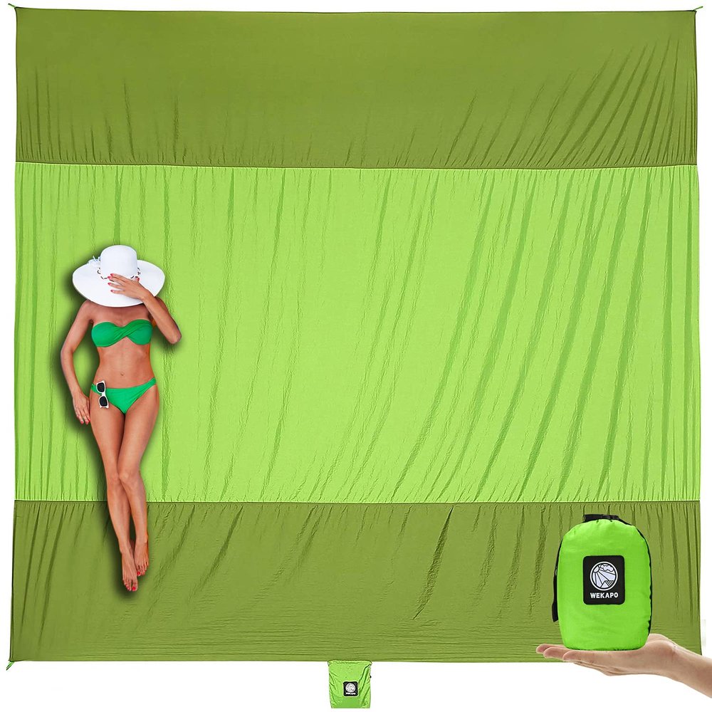 WEKAPO Beach Blanket - Sandproof Waterproof Extra Large Beach Mat | Oversized Sand-Free Lightweight Quick-Drying | Beach Vacation Essentials with Stakes & Corner Pockets (Green, 9x7 FT)