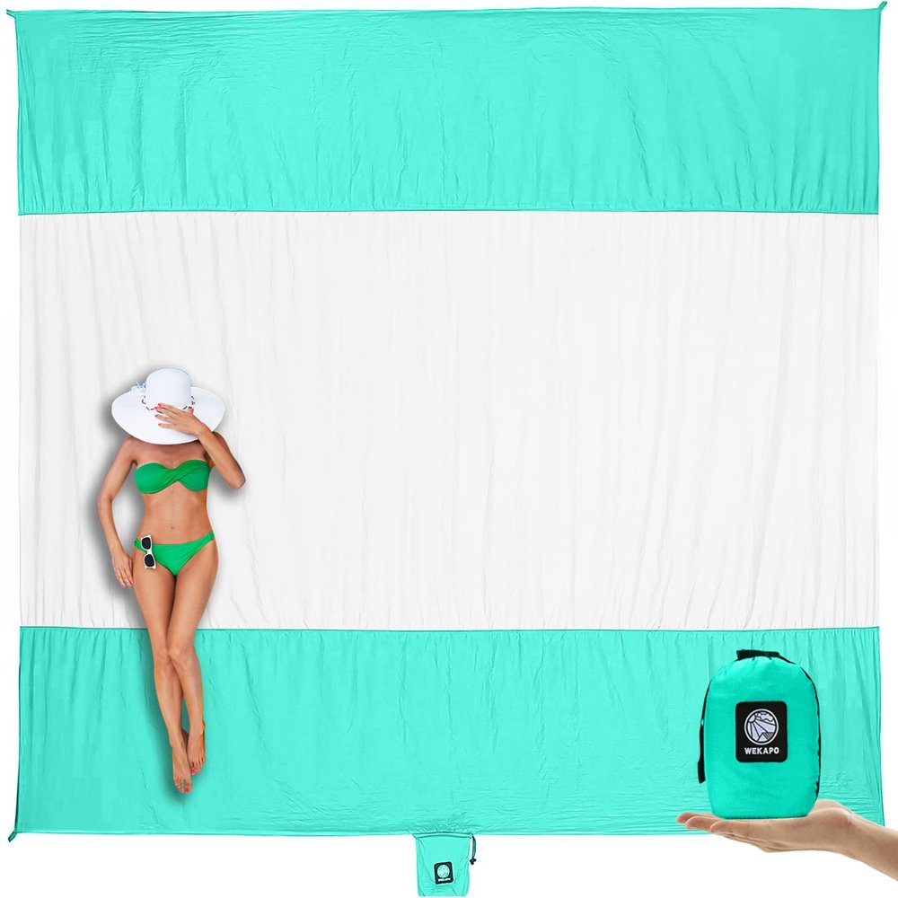 WEKAPO Beach Blanket - Sandproof Waterproof Extra Large Beach Mat | Oversized Sand-Free Lightweight Quick-Drying | Beach Vacation Essentials with Stakes & Corner Pockets (Turquoise, 9x10 FT)