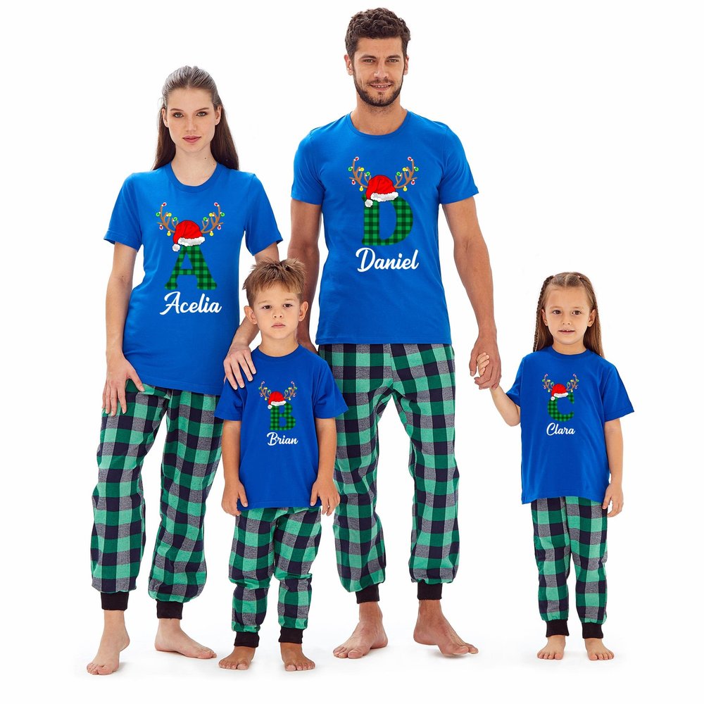 Christmas Matching Reindeer Family Initial Name Baby Girl Boys T-Shirt